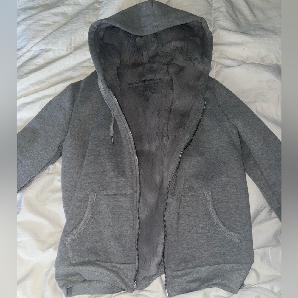 Rabbit fur lined zip up sweatshirt